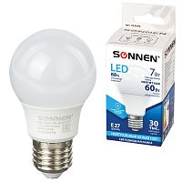 Лампа светодиодная SONNEN, 7 (60) Вт, цоколь Е27, груша, нейтральный белый свет, 30000 ч