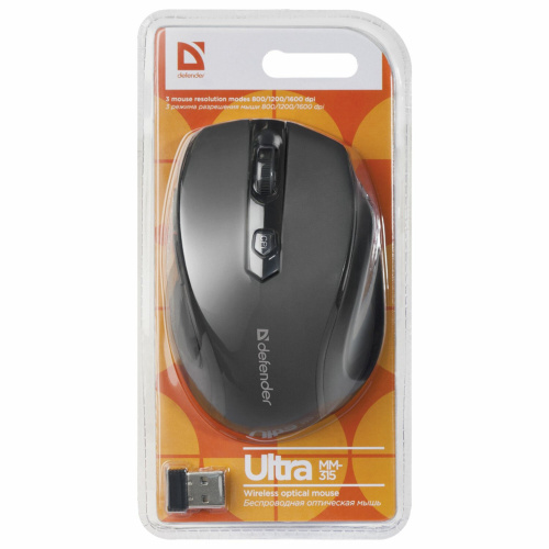 Мышь беспроводная DEFENDER Ultra MM-315, USB, 5 кнопок + 1 колесо-кнопка, оптическая, черная фото 5
