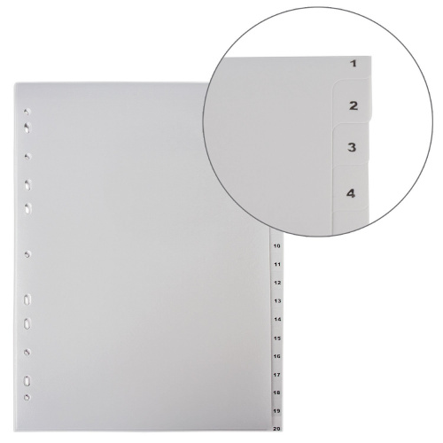 Разделитель пластиковый ОФИСМАГ, А4, 20 листов, цифровой 1-20, оглавление, серый фото 4