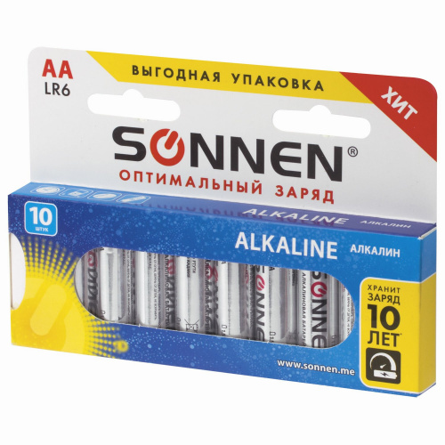 Батарейки SONNEN Alkaline, АА, 10 шт/компл., алкалиновые, пальчиковые фото 3