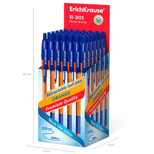 Ручка шариковая автоматическая с грипом ERICH KRAUSE "R-301 Orange", синяя 1,0 мм, линия 0,5 мм фото 2