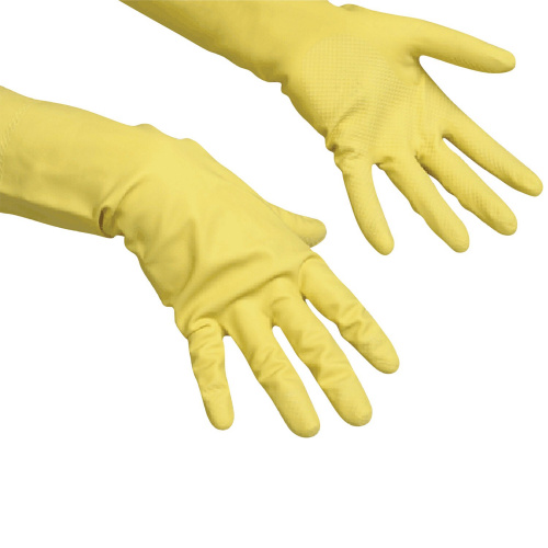 Перчатки хозяйственные резиновые VILEDA "Контракт" с х/б напылением, размер L , желтые фото 3