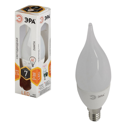 Лампа светодиодная ЭРА, 7 (60) Вт, цоколь E14, "свеча на ветру", теплый белый свет, 30000 ч.