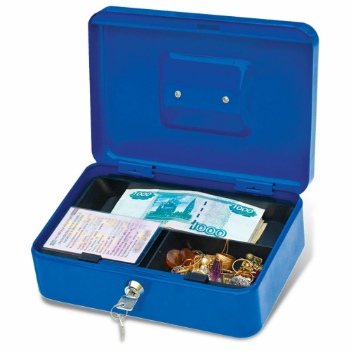Ящик для денег, ценностей, документов, печатей BRAUBERG, 90х180х250 мм, ключевой замок, синий фото 4