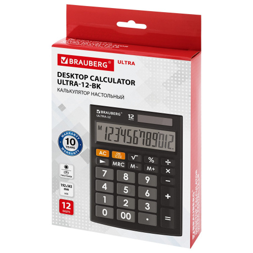 Калькулятор настольный BRAUBERG, 192x143 мм, 12 разрядов, двойное питание, черный фото 5