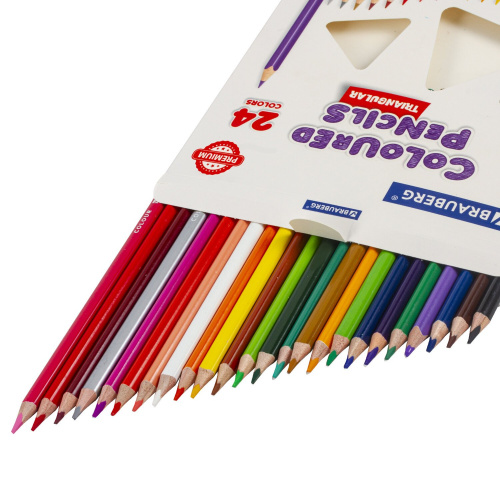 Карандаши цветные BRAUBERG PREMIUM, 24 цвета, трехгранные, грифель мягкий 3,3 мм фото 2