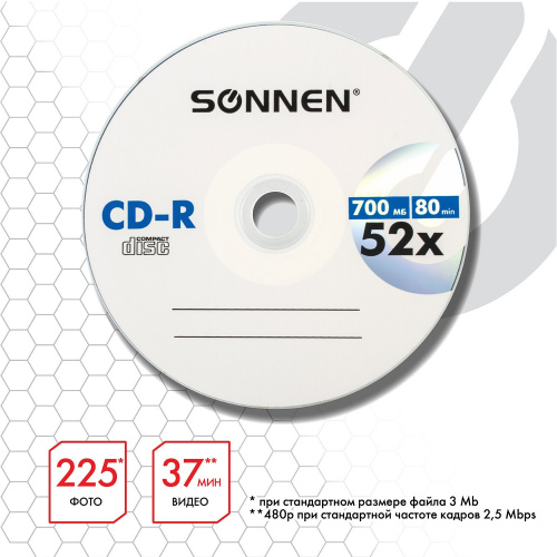 Диск CD-R SONNEN, 700 Mb, 52x, бумажный конверт фото 3