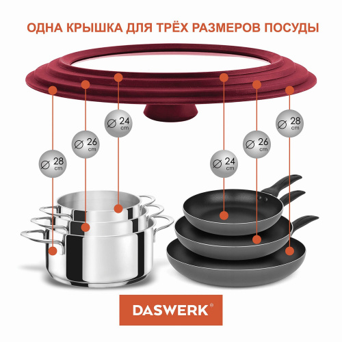 Крышка для любой сковороды и кастрюли DASWERK, 24-26-28 см, антрацит, универсальная, бордовая фото 9