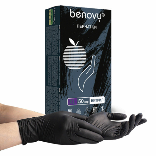 Перчатки нитриловые смотровые BENOVY Nitrile MultiColor, 50 пар, размер XL (очень большой), черные