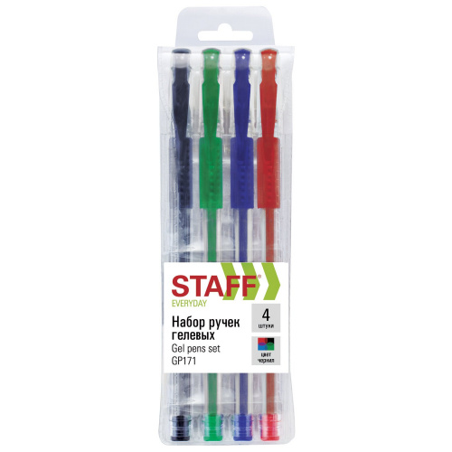 Ручки гелевые с грипом STAFF "EVERYDAY", 4 цвета, линия письма 0,35 мм