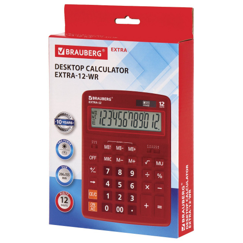 Калькулятор настольный BRAUBERG, 206x155 мм, 12 разрядов, двойное питание, бордовый фото 5