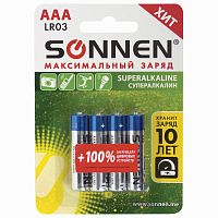 Батарейки SONNEN Super Alkaline, AAA, 4 шт., алкалиновые, мизинчиковые, в блистере