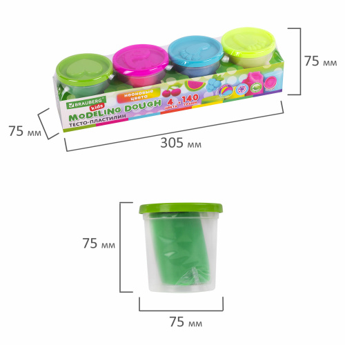 Пластилин-тесто для лепки BRAUBERG KIDS, 4 цвета, 560 г, яркие неоновые цвета, крышки-штампики фото 4