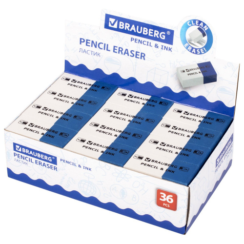 Ластик BRAUBERG "PENCIL & INK", 39х18х12 мм, для ручки и карандаша, бело-синий фото 5
