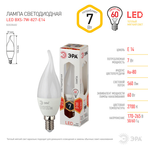 Лампа светодиодная ЭРА, 7 (60) Вт, цоколь E14, "свеча на ветру", теплый белый свет, 30000 ч. фото 4