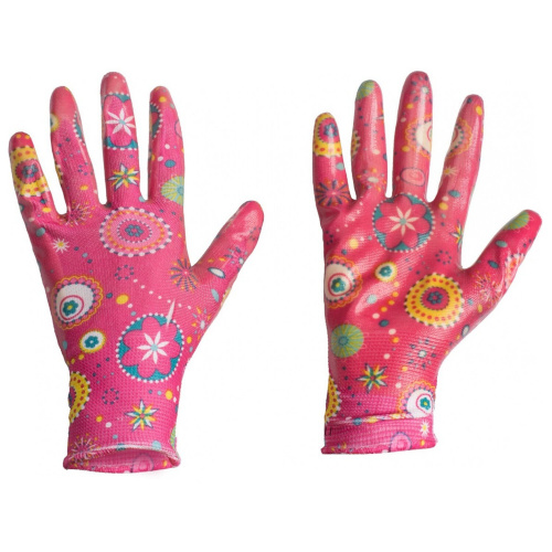 Перчатки полиэфирные САДОВЫЕ цветные, 1 пара, 15 класс, 33-35 г, размер 8, нитрильный латекс, сад фото 5