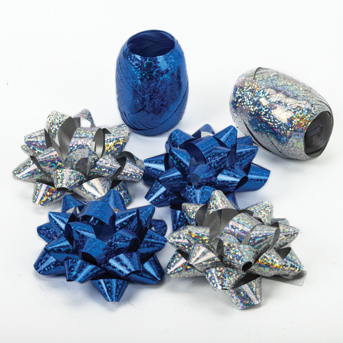 Набор для декора и подарков ЗОЛОТАЯ СКАЗКА, 4 банта, 2 ленты, голография, цвета синий, серебристый