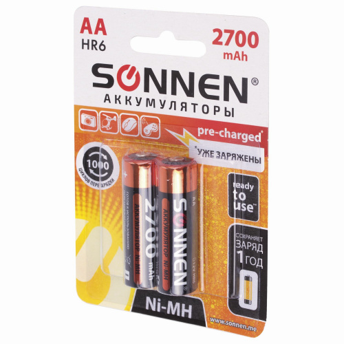 Батарейки аккумуляторные SONNEN, АА, (2 шт в комп.), 2700 mAh, в блистере фото 6