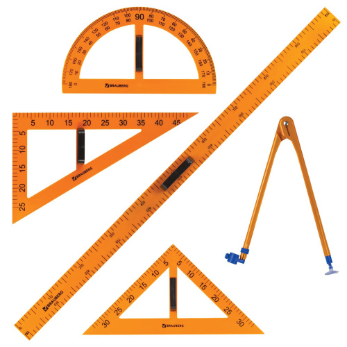 Набор чертежный для классной доски BRAUBERG, 2 треугольника, транспортир, циркуль, линейка 100 см