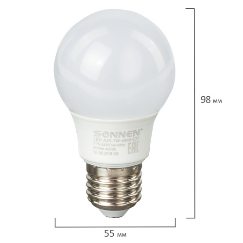 Лампа светодиодная SONNEN, 7 (60) Вт, цоколь Е27, груша, нейтральный белый свет, 30000 ч фото 7