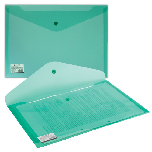 Папка-конверт с кнопкой BRAUBERG, А4, до 100 листов, прозрачная, зеленая фото 9