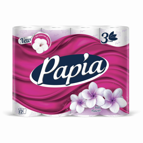 Бумага туалетная PAPIA "Балтийский цветок", бытовая, спайка 12 шт., 3-слойная (12х16,8 м)