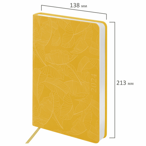 Ежедневник датированный 2024 А5 138x213 мм, BRAUBERG "Foliage", под кожу, желтый фото 2