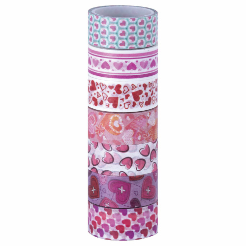 Клейкие WASHI-ленты для декора ОСТРОВ СОКРОВИЩ "СЕРДЦА", 15 мм х 3 м, 7 цветов, рисовая бумага