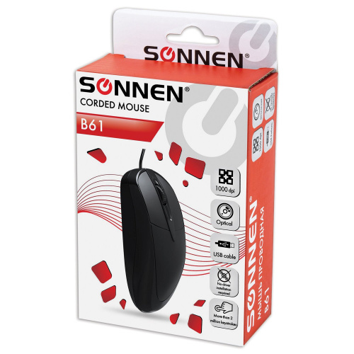 Мышь проводная SONNEN B61, USB, 1000 dpi, 2 кнопки + колесо-кнопка, оптическая, черная фото 2