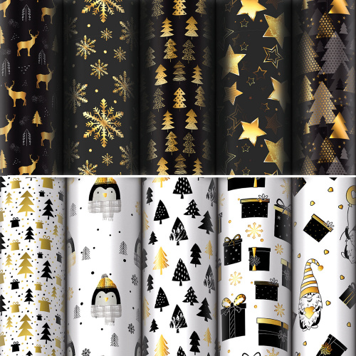 Бумага упаковочная новогодняя "Black.Gold.White", 70х100 см, 10 дизайнов ассорти, ЗОЛОТАЯ СКАЗКА, 592052 фото 10