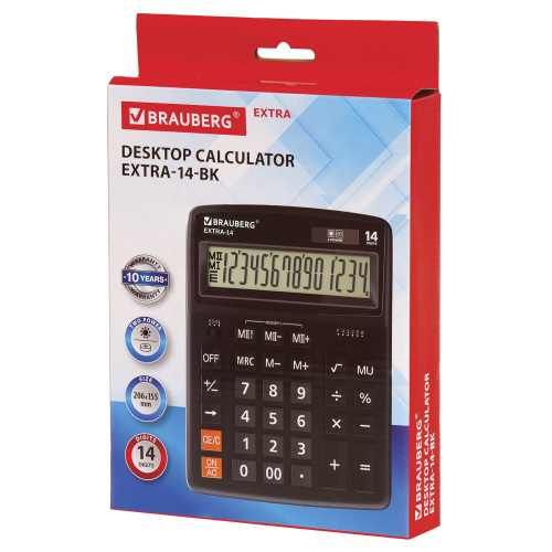 Калькулятор настольный BRAUBERG, 206x155 мм, 14 разрядов, двойное питание, черный фото 9
