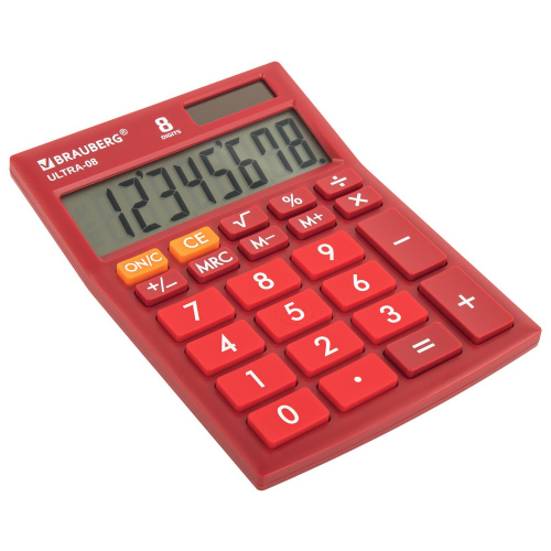 Калькулятор настольный BRAUBERG, 154x115 мм, 8 разрядов, двойное питание, бордовый фото 2