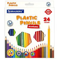 Карандаши цветные пластиковые BRAUBERG PREMIUM, 24 цвета, шестигранные, грифель мягкий 3 мм