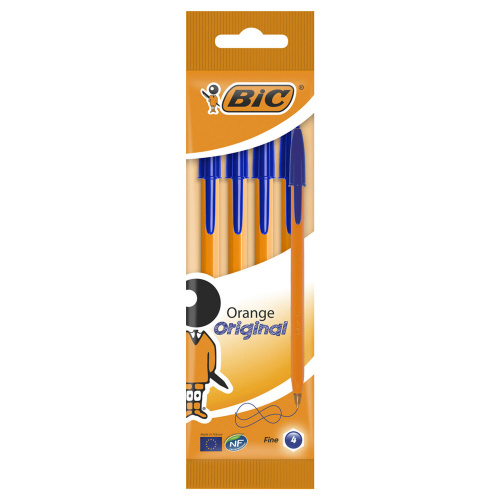 Ручки шариковые BIC "Orange Original Fine", 4 шт., узел 0,8 мм, линия письма 0,3 мм, пакет, синие