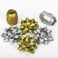 Набор для декора и подарков ЗОЛОТАЯ СКАЗКА, 4 банта, 2 ленты, матовый металл, цвета: золот., серебр.