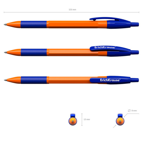 Ручка шариковая автоматическая с грипом ERICH KRAUSE "R-301 Orange", синяя 1,0 мм, линия 0,5 мм фото 3