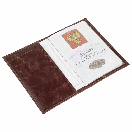 Обложка для паспорта натуральная кожа пулап, "Passport", кожаные карманы, коричневая, BRAUBERG фото 7