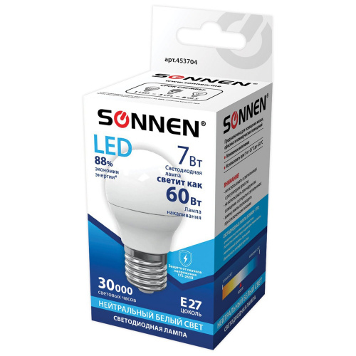 Лампа светодиодная SONNEN, 7 (60) Вт, цоколь E27, шар, холодный белый свет, 30000 ч фото 2