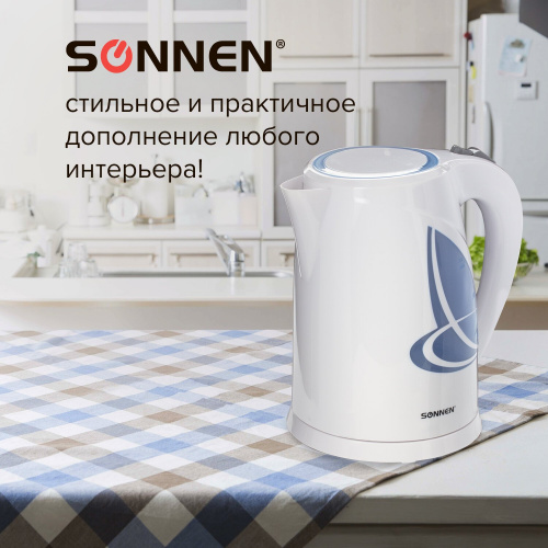 Чайник SONNEN, 1,8 л, 2200 Вт, закрытый нагревательный элемент, пластик, белый/синий фото 5