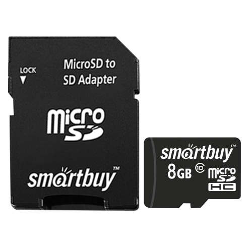 Карта памяти SMARTBUY, micro SDHC, 8 GB, 10 Мб/сек., с адаптером