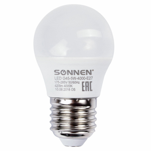 Лампа светодиодная SONNEN, 5 (40) Вт, цоколь E27, шар, холодный белый свет, 30000 ч фото 4