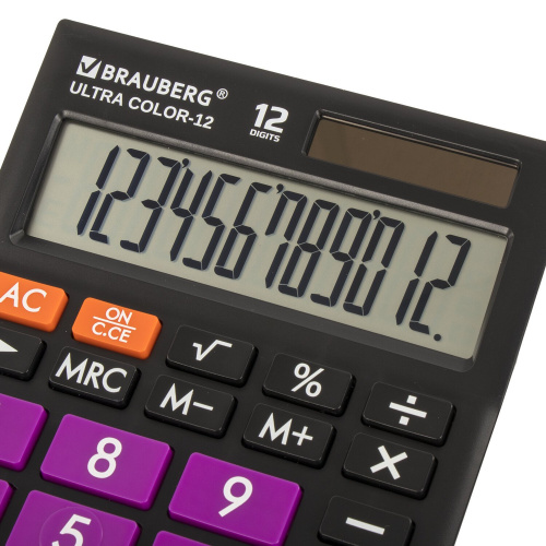 Калькулятор настольный BRAUBERG, 192x143 мм, 12 разрядов, двойное питание, черно-фиолетовый фото 3