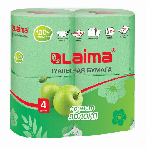 Бумага туалетная LAIMA, бытовая, спайка 4 шт., 2-х слойная, (4х19 м), аромат яблока фото 3
