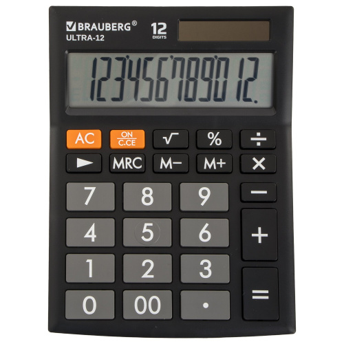 Калькулятор настольный BRAUBERG, 192x143 мм, 12 разрядов, двойное питание, черный