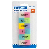Набор ластиков BRAUBERG "Pastel Mix", 6 шт., 44х21х10 мм, цвета ассорти