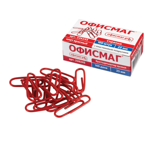 Скрепки ОФИСМАГ, 25 мм, 100 шт., в картонной коробке, красные фото 2