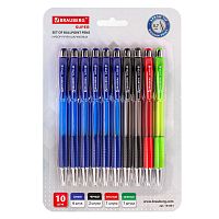 Ручки шариковые автоматические BRAUBERG "SUPER", 10 шт. (6 синих, 2 черных, 1 красная, 1 зеленая)