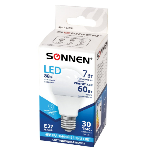 Лампа светодиодная SONNEN, 7 (60) Вт, цоколь Е27, груша, нейтральный белый свет, 30000 ч фото 4