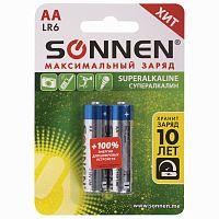 Батарейки SONNEN Super Alkaline, АА, 2 шт., алкалиновые, пальчиковые, в блистере