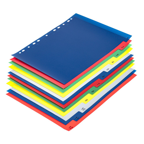 Разделитель пластиковый широкий BRAUBERG, А4+, 12 листов, цифровой 1-12, оглавление, цветной фото 2